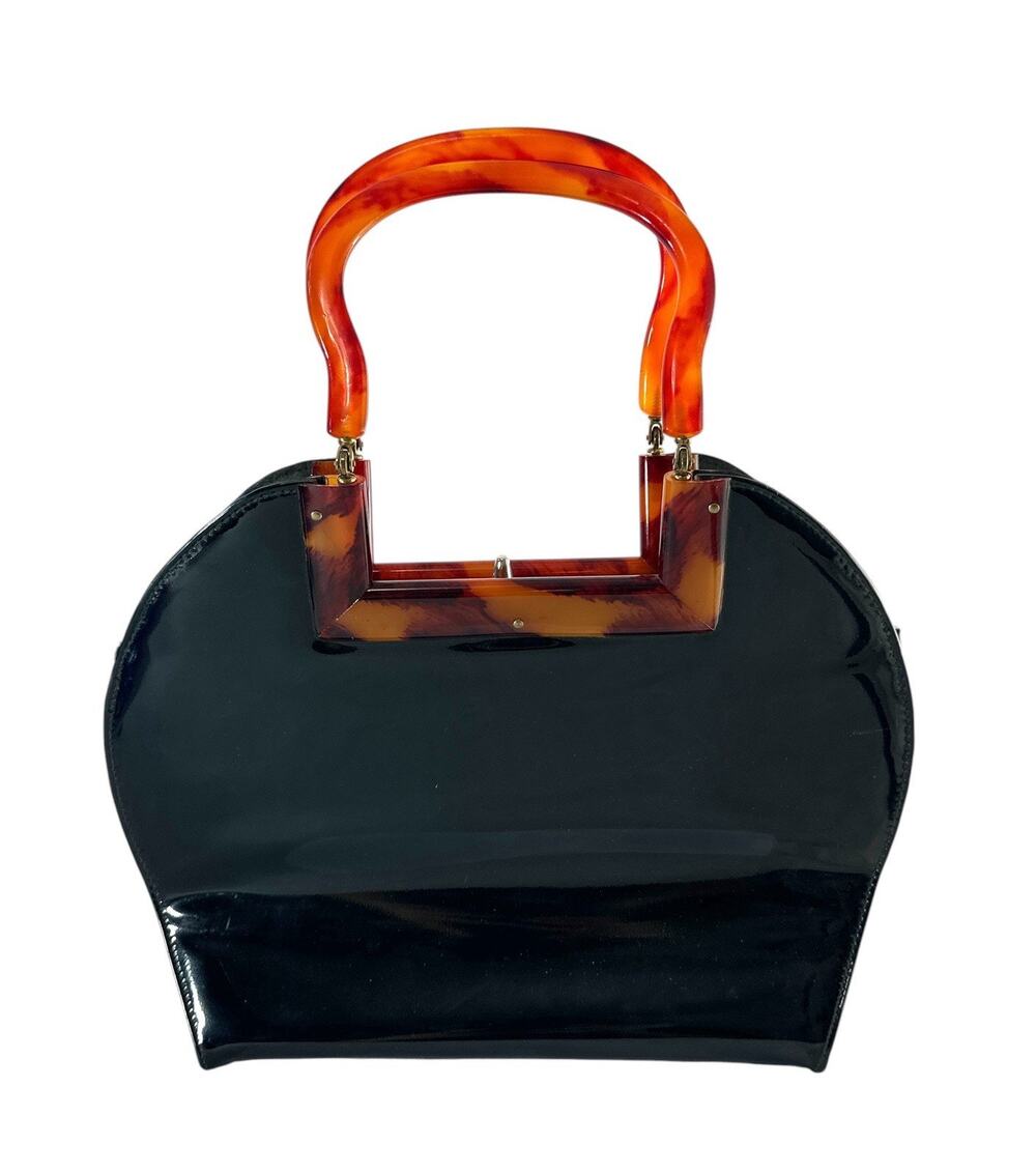 Vintage Garay Black Patent Handbag Tortoise Lucite Handles Structured Purse